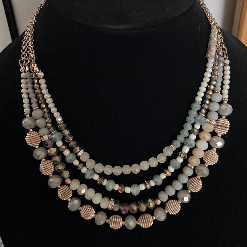 Multi-layered four strand glass and metal beaded necklace